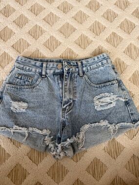 SHEIN Light Blue High Waist Distressed Denim Shorts